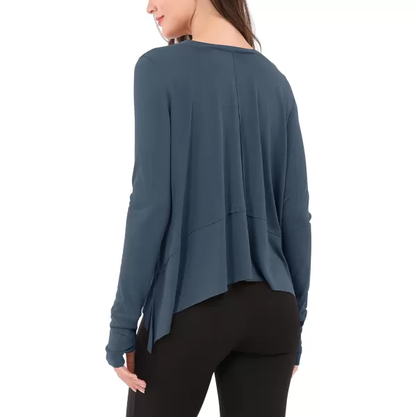 imageODODOS Long Sleeve Tee for Women with Thumb Hole Athletic Gym Workout Crop Tops Yoga ShirtsDark Bluewashed
