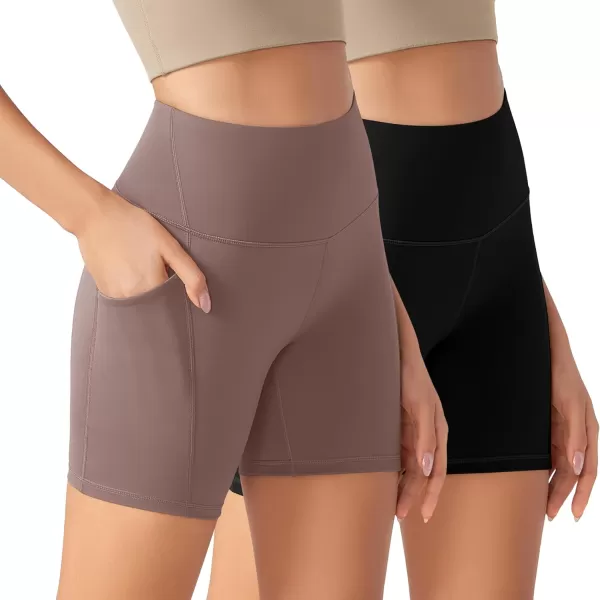 imageODODOS ODLEX 2Pack High Waist Workout Shorts with Pockets for Women 6quot8quot Inseam Tummy Control Gym Athletic Biker ShortsBlackpurple Taupe