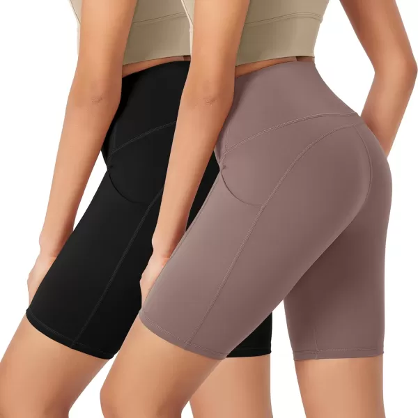 imageODODOS ODLEX 2Pack High Waist Workout Shorts with Pockets for Women 6quot8quot Inseam Tummy Control Gym Athletic Biker ShortsBlackpurple Taupe