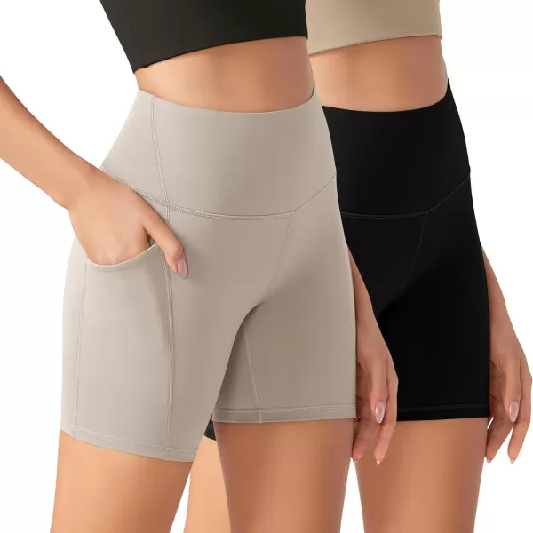 imageODODOS ODLEX 2Pack High Waist Workout Shorts with Pockets for Women 6quot8quot Inseam Tummy Control Gym Athletic Biker ShortsBlacktaupe