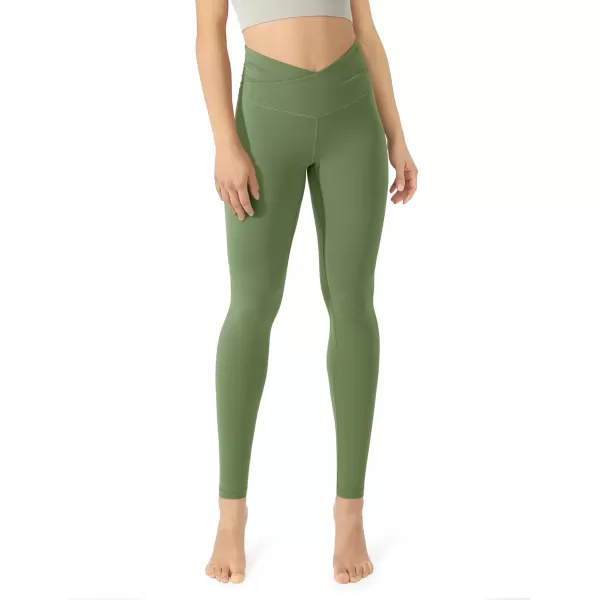 imageODODOS Womens Cross Waist Yoga Leggings with Inner Pocket 23quot25quot28quot Gathered Crossover Workout Yoga PantsLight Olive