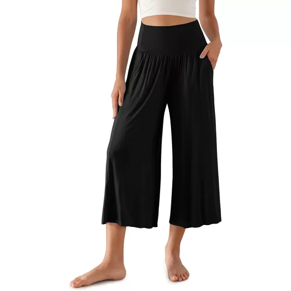 imageODODOS Womens Wide Leg Palazzo Lounge Cropped Pants with Pockets Light Weight Comfy Pajama Capri Pants2022quot 24quot InseamBlack