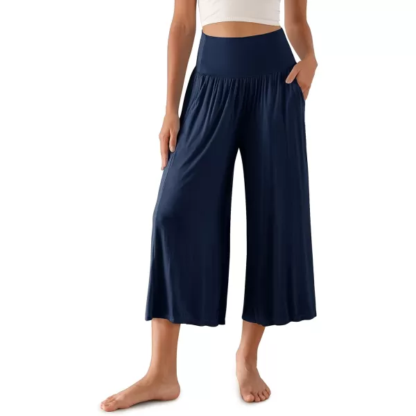 imageODODOS Womens Wide Leg Palazzo Lounge Cropped Pants with Pockets Light Weight Comfy Pajama Capri Pants2022quot 24quot InseamNavy