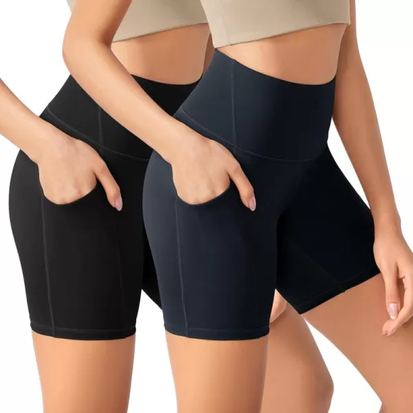 imageODODOS ODLEX 2Pack High Waist Workout Shorts with Pockets for Women 6quot8quot Inseam Tummy Control Gym Athletic Biker ShortsBlackdeep Navy