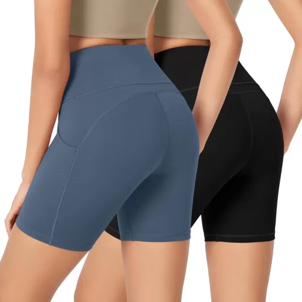 imageODODOS ODLEX 2Pack High Waist Workout Shorts with Pockets for Women 6quot8quot Inseam Tummy Control Gym Athletic Biker ShortsBlackink Blue