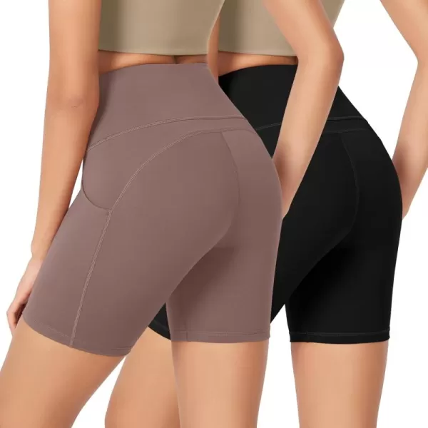 imageODODOS ODLEX 2Pack High Waist Workout Shorts with Pockets for Women 6quot8quot Inseam Tummy Control Gym Athletic Biker ShortsBlackpurple Taupe