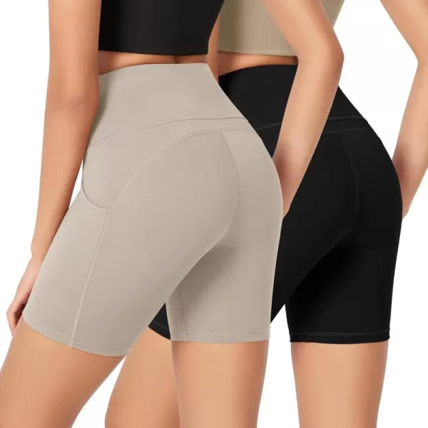 imageODODOS ODLEX 2Pack High Waist Workout Shorts with Pockets for Women 6quot8quot Inseam Tummy Control Gym Athletic Biker ShortsBlacktaupe