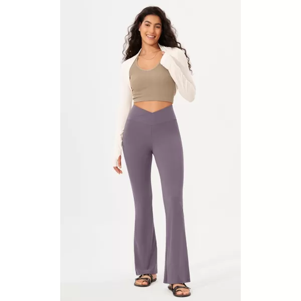 imageODODOS Womens Cross Waist Bootcut Yoga Pants with Inner Pocket Non See Through Bootleg Gym Workout PantsAsh Violet