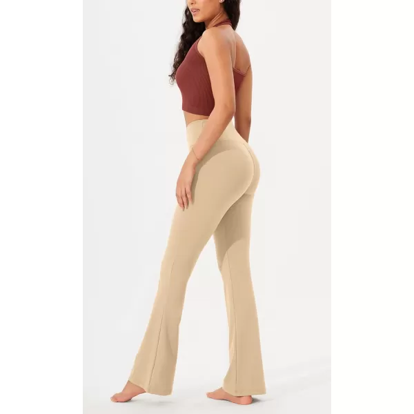 imageODODOS Womens Cross Waist Bootcut Yoga Pants with Inner Pocket Non See Through Bootleg Gym Workout PantsBeige