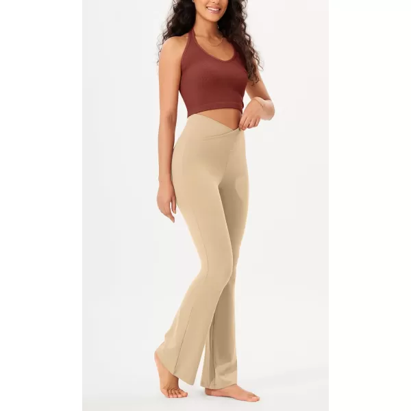 imageODODOS Womens Cross Waist Bootcut Yoga Pants with Inner Pocket Non See Through Bootleg Gym Workout PantsBeige