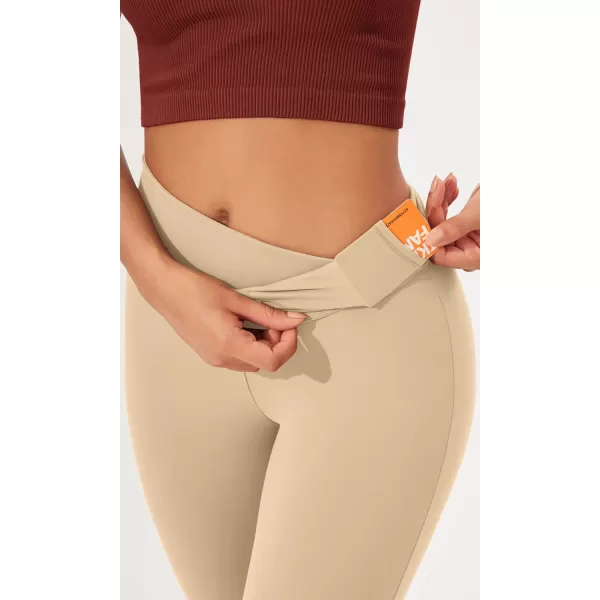 imageODODOS Womens Cross Waist Bootcut Yoga Pants with Inner Pocket Non See Through Bootleg Gym Workout PantsBeige