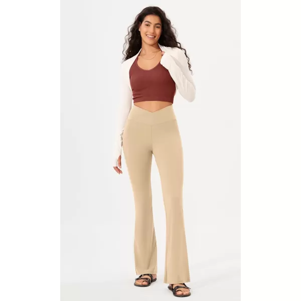 imageODODOS Womens Cross Waist Bootcut Yoga Pants with Inner Pocket Non See Through Bootleg Gym Workout PantsBeige