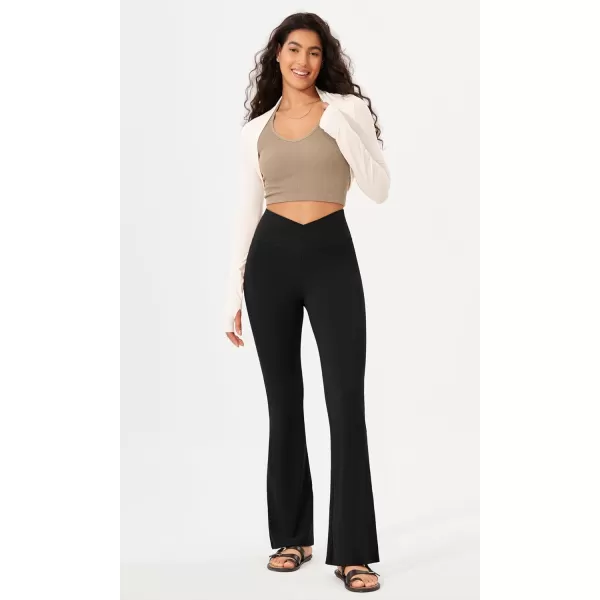 imageODODOS Womens Cross Waist Bootcut Yoga Pants with Inner Pocket Non See Through Bootleg Gym Workout PantsBlack