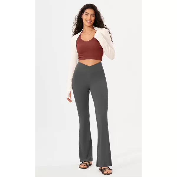 imageODODOS Womens Cross Waist Bootcut Yoga Pants with Inner Pocket Non See Through Bootleg Gym Workout PantsCharcoal