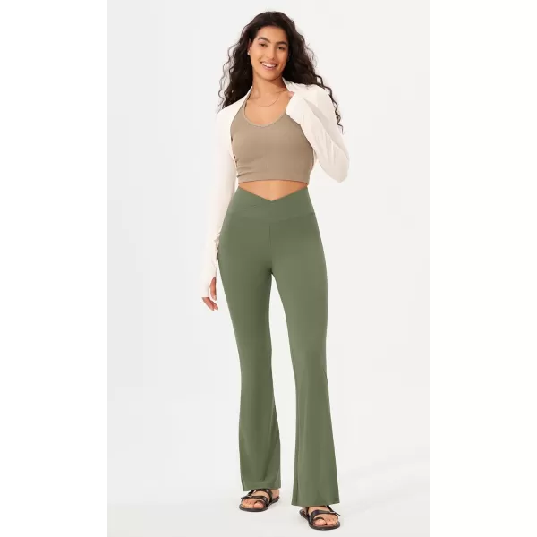imageODODOS Womens Cross Waist Bootcut Yoga Pants with Inner Pocket Non See Through Bootleg Gym Workout PantsDark Olive