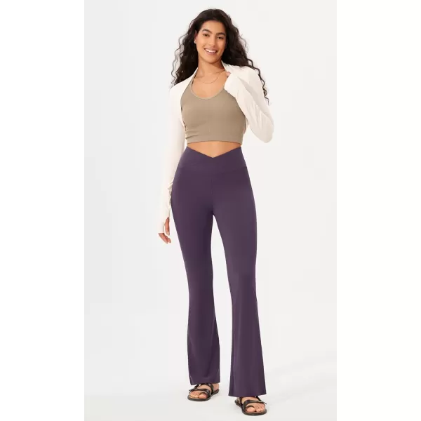 imageODODOS Womens Cross Waist Bootcut Yoga Pants with Inner Pocket Non See Through Bootleg Gym Workout PantsDark Purple