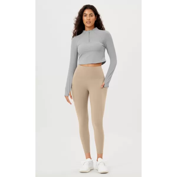 imageODODOS Womens High Waisted Yoga Leggings with Pockets Tummy Control Non See Through Workout Athletic Running Yoga PantsBeige