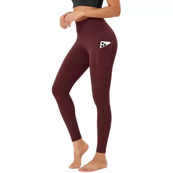 imageODODOS Womens High Waisted Yoga Leggings with Pockets Tummy Control Non See Through Workout Athletic Running Yoga PantsBurgundy