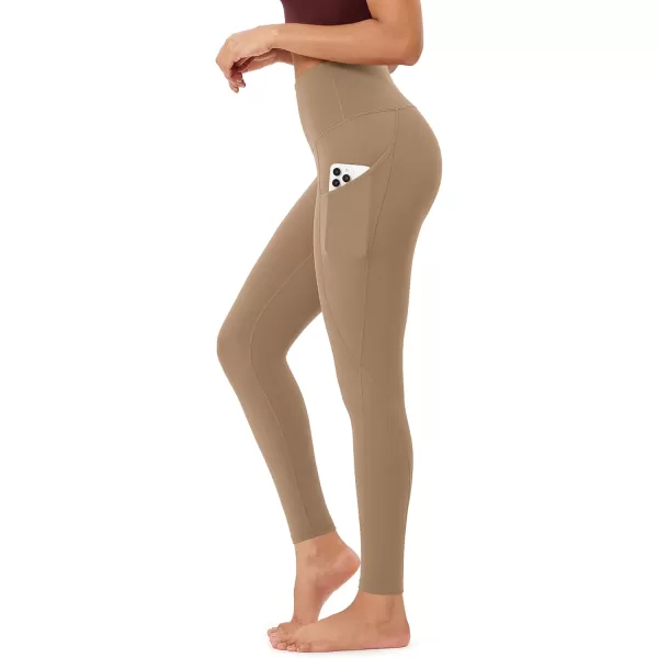 imageODODOS Womens High Waisted Yoga Leggings with Pockets Tummy Control Non See Through Workout Athletic Running Yoga PantsLight Brown