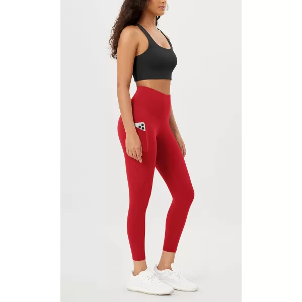 imageODODOS Womens High Waisted Yoga Leggings with Pockets Tummy Control Non See Through Workout Athletic Running Yoga PantsRed