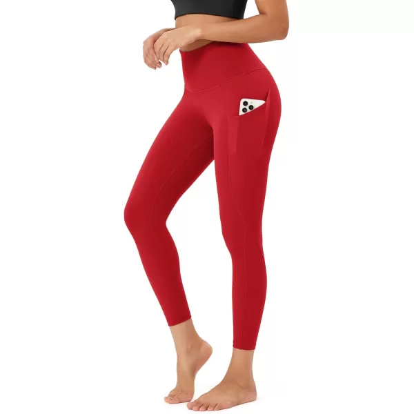 imageODODOS Womens High Waisted Yoga Leggings with Pockets Tummy Control Non See Through Workout Athletic Running Yoga PantsRed