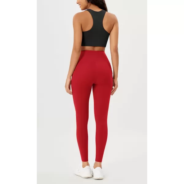 imageODODOS Womens High Waisted Yoga Leggings with Pockets Tummy Control Non See Through Workout Athletic Running Yoga PantsRed