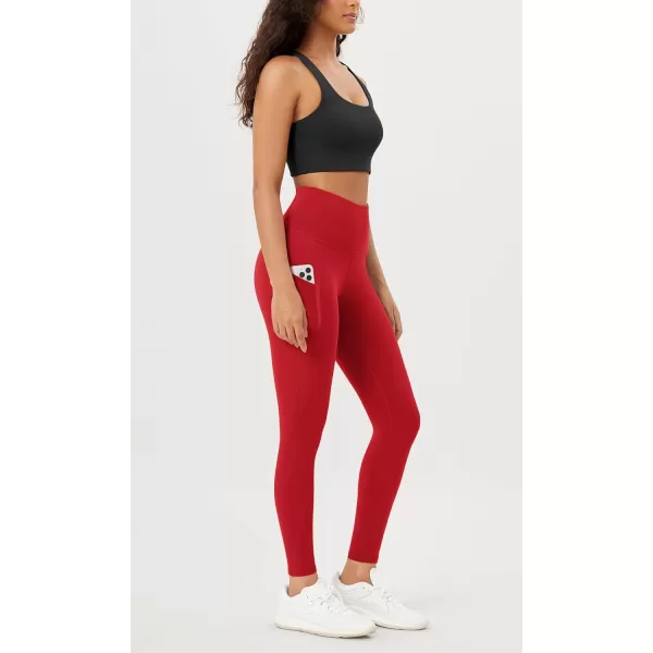 imageODODOS Womens High Waisted Yoga Leggings with Pockets Tummy Control Non See Through Workout Athletic Running Yoga PantsRed