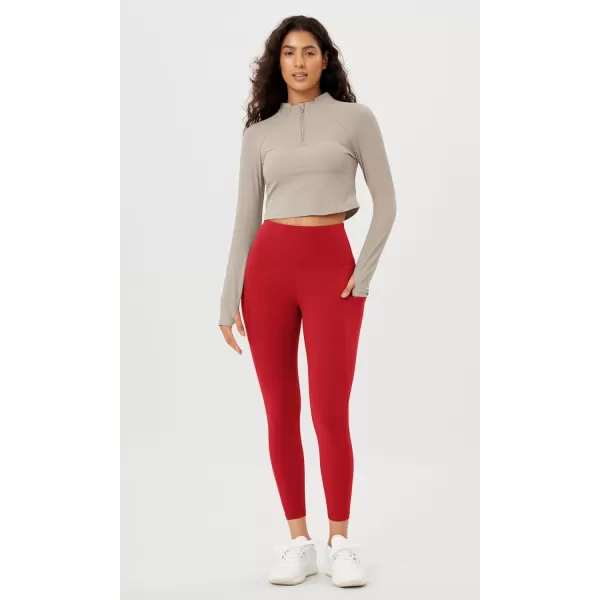 imageODODOS Womens High Waisted Yoga Leggings with Pockets Tummy Control Non See Through Workout Athletic Running Yoga PantsRed