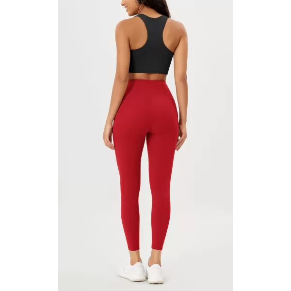 imageODODOS Womens High Waisted Yoga Leggings with Pockets Tummy Control Non See Through Workout Athletic Running Yoga PantsRed