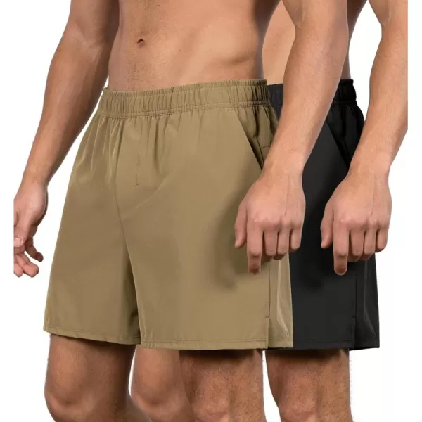 imageODODOS Mens 2 Pack Athletic Shorts with Pockets 5quot  7quot Inseam Quick Dry Lightweight Workout Gym Running ShortsBlacktan