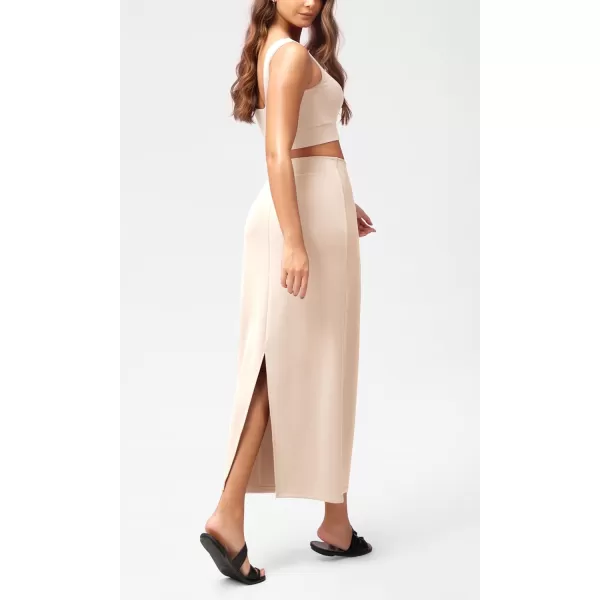 imageODODOS Modal Soft Maxi Skirt for Women Back Slit High Waist Casual Long Pencil SkirtsBeige