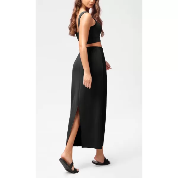 imageODODOS Modal Soft Maxi Skirt for Women Back Slit High Waist Casual Long Pencil SkirtsBlack