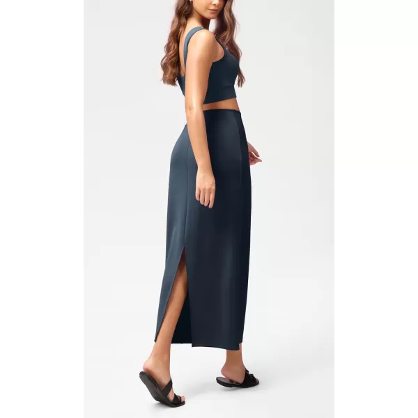 imageODODOS Modal Soft Maxi Skirt for Women Back Slit High Waist Casual Long Pencil SkirtsNavy
