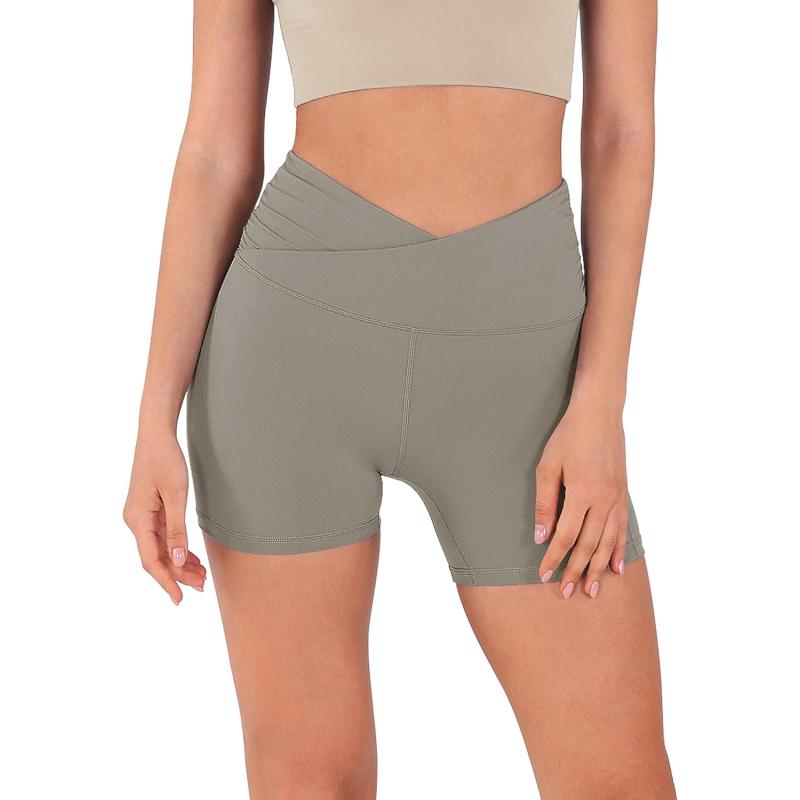 imageODODOS Crossover Yoga Shorts for Women 5quot Inseam High Waist Athletic Workout Running Biker ShortsGreige