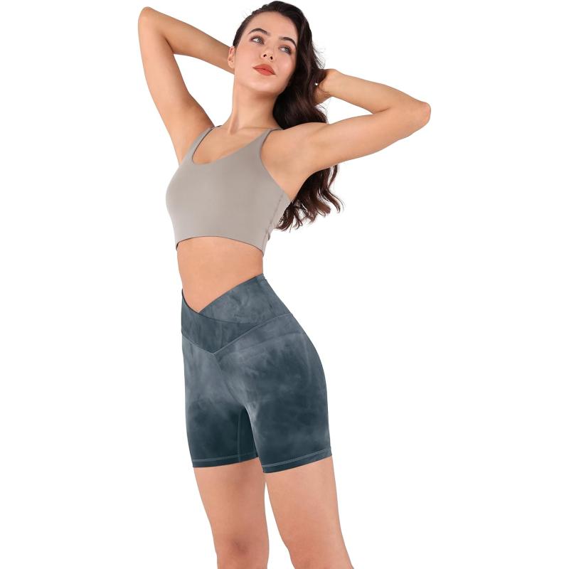 imageODODOS Crossover Yoga Shorts for Women 5quot Inseam High Waist Athletic Workout Running Biker ShortsTie Dye Deep Navy
