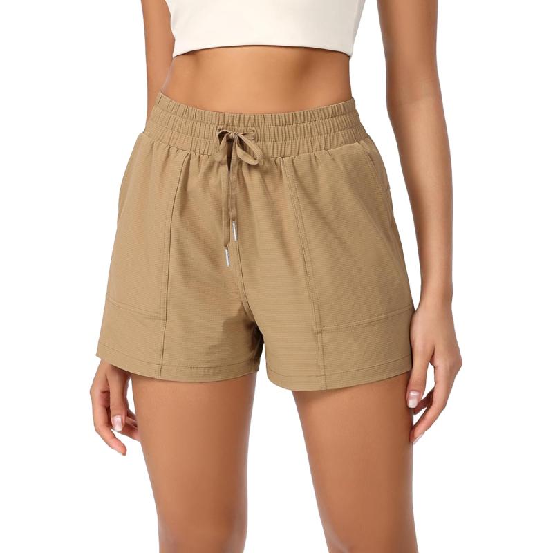 imageODODOS Stretch Woven Athletic Shorts for Women High Waist Summer Lightweight Casual Shorts with PocketsTan
