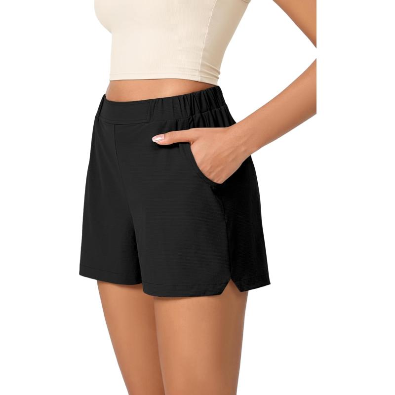 imageODODOS Stretch Woven Relaxed Shorts for Women Elastic High Waist Summer Lightweight Casual Shorts with PocketsBlack