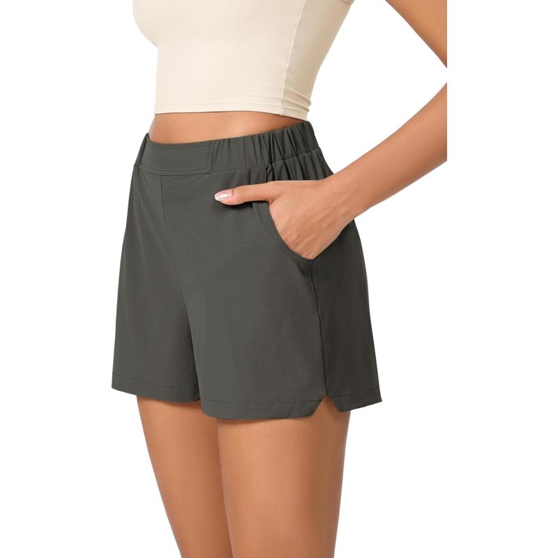 imageODODOS Stretch Woven Relaxed Shorts for Women Elastic High Waist Summer Lightweight Casual Shorts with PocketsCharcoal