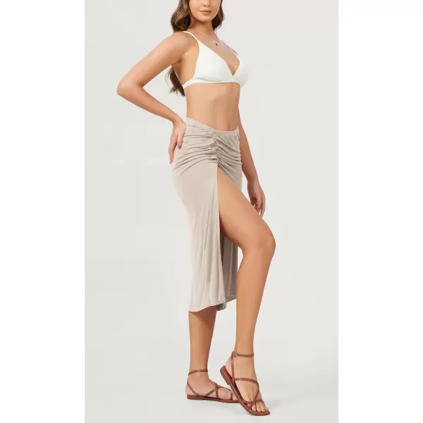 imageODODOS Cinchable Midi Skirt for Women Modal Soft Breezy Summer Beach Coverups Ruched Slit SkirtsAbalone