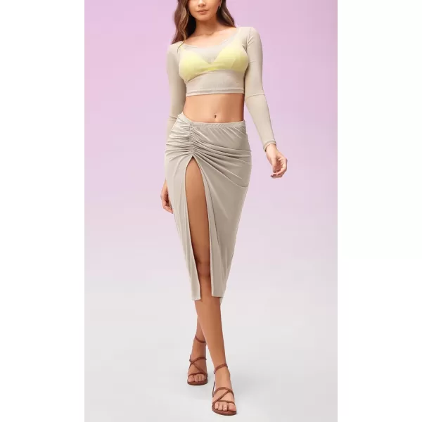 imageODODOS Cinchable Midi Skirt for Women Modal Soft Breezy Summer Beach Coverups Ruched Slit SkirtsAbalone