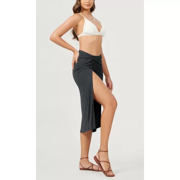imageODODOS Cinchable Midi Skirt for Women Modal Soft Breezy Summer Beach Coverups Ruched Slit SkirtsBlack
