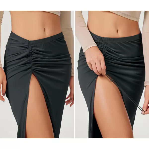 imageODODOS Cinchable Midi Skirt for Women Modal Soft Breezy Summer Beach Coverups Ruched Slit SkirtsBlack