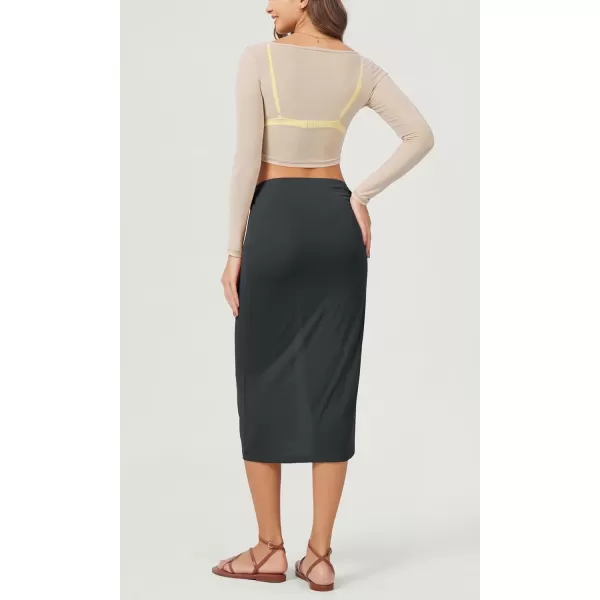 imageODODOS Cinchable Midi Skirt for Women Modal Soft Breezy Summer Beach Coverups Ruched Slit SkirtsBlack