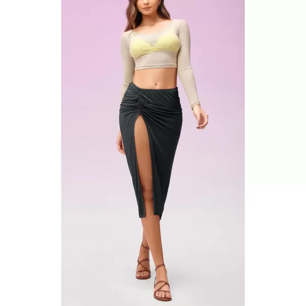 imageODODOS Cinchable Midi Skirt for Women Modal Soft Breezy Summer Beach Coverups Ruched Slit SkirtsBlack