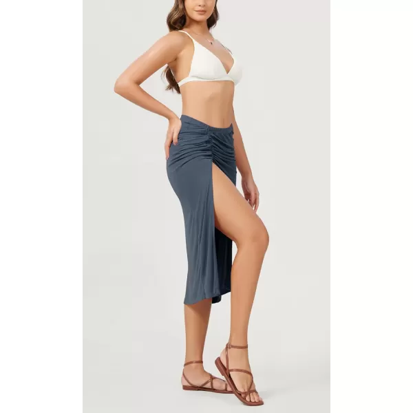 imageODODOS Cinchable Midi Skirt for Women Modal Soft Breezy Summer Beach Coverups Ruched Slit SkirtsDark Blue