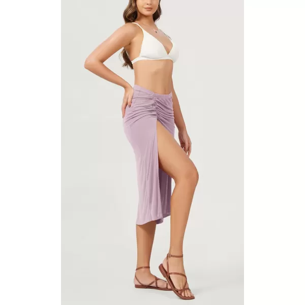 imageODODOS Cinchable Midi Skirt for Women Modal Soft Breezy Summer Beach Coverups Ruched Slit SkirtsLavender