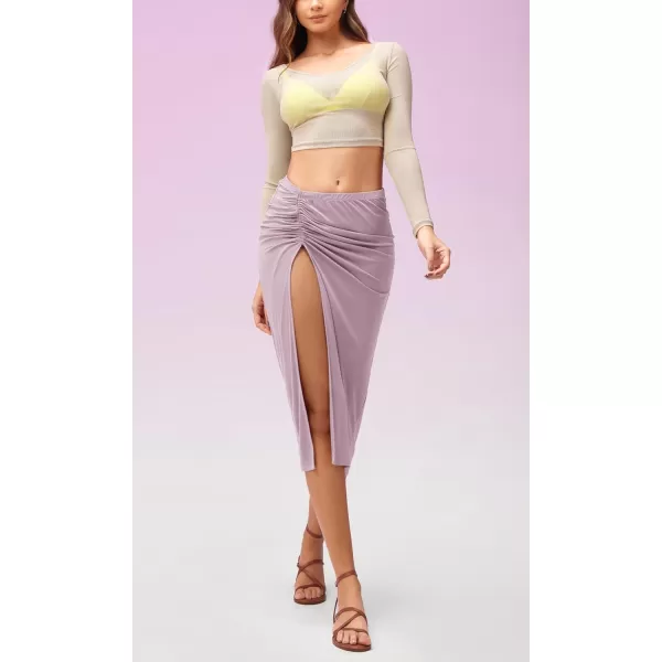 imageODODOS Cinchable Midi Skirt for Women Modal Soft Breezy Summer Beach Coverups Ruched Slit SkirtsLavender