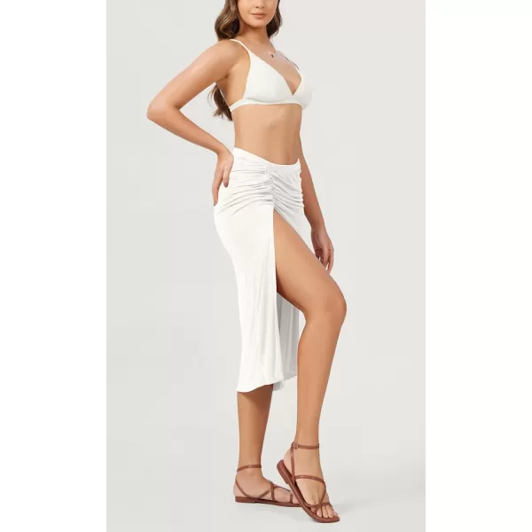 imageODODOS Cinchable Midi Skirt for Women Modal Soft Breezy Summer Beach Coverups Ruched Slit SkirtsWhite