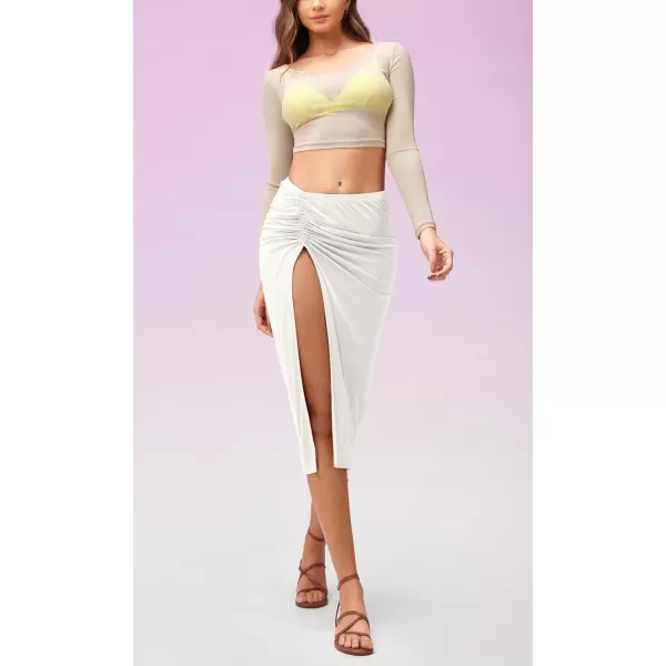 imageODODOS Cinchable Midi Skirt for Women Modal Soft Breezy Summer Beach Coverups Ruched Slit SkirtsWhite