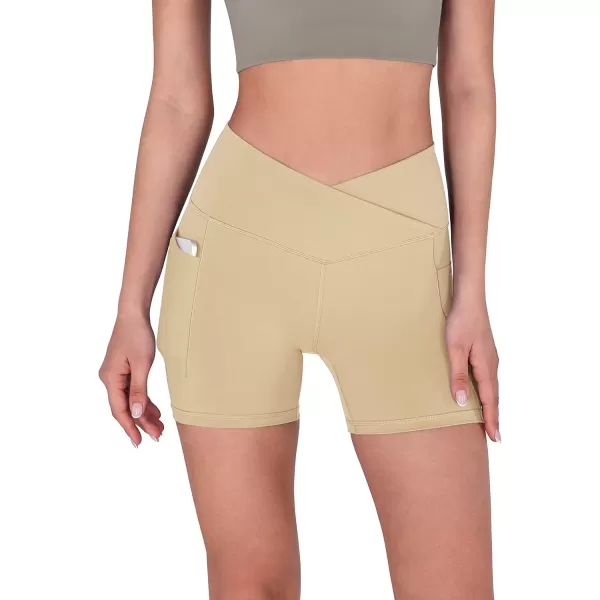 imageODODOS Crossover Yoga Shorts for Women 5quot Inseam High Waist Athletic Workout Running Biker ShortsBeige